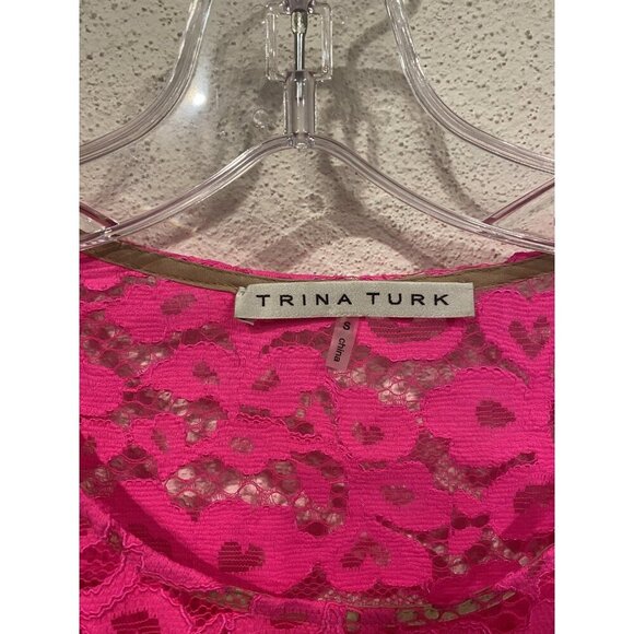 Trina Turk Shirt Womens Small Pink Lace Floral Short Sleeve Scalloped Sheer Top - Picture 3 of 4
